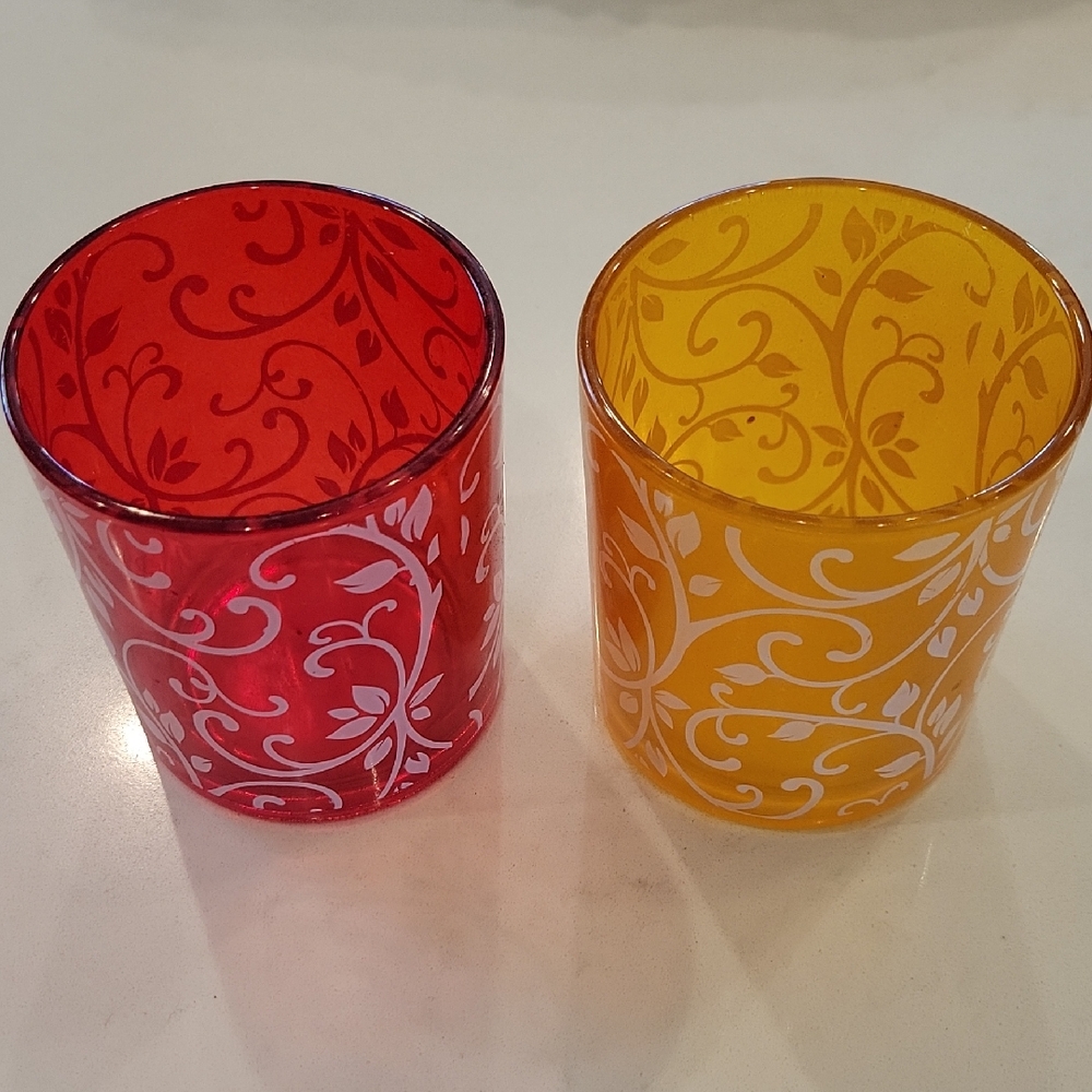 Mainstays Red and Yellow Floral Glass Candle Holders